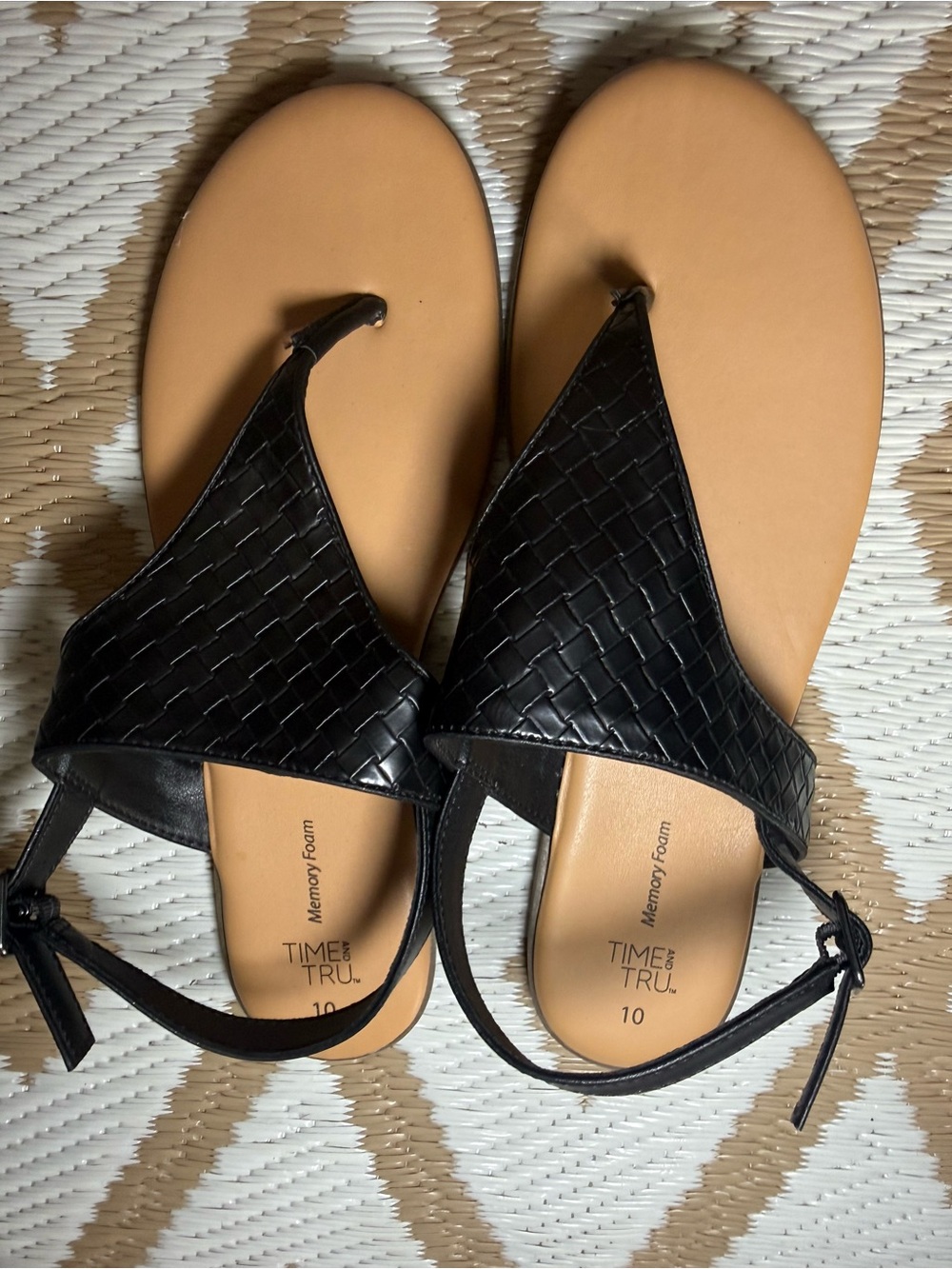 Time and Tru Black Woven Thong Sandals with Tan Footbed
